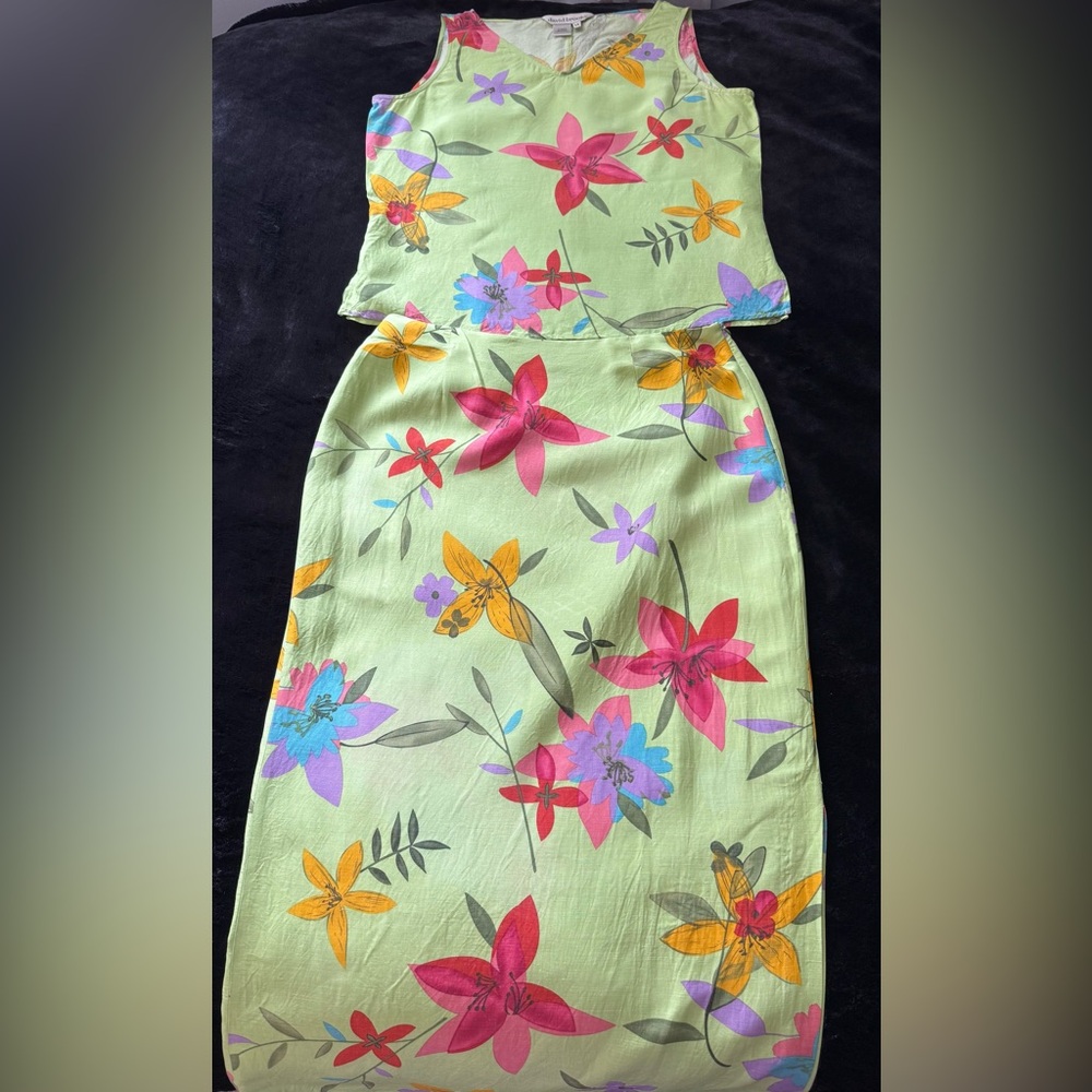 EUC David Brooks Skirt and Top set Green Hawaiian floral print,Sz 14